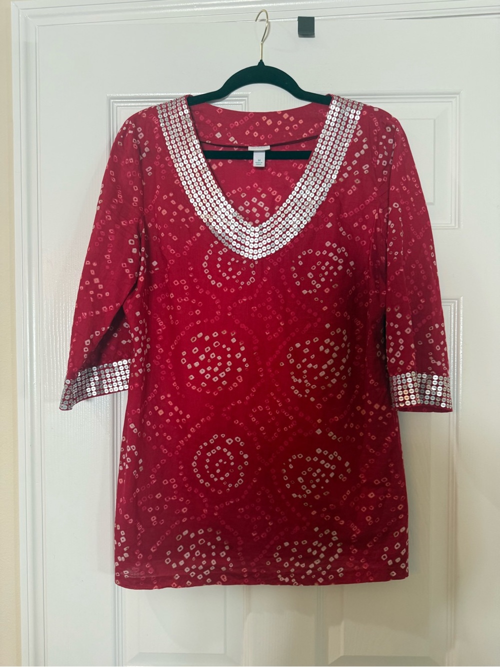 Calypso St. Barth 100% Cotton Red Embellished V-Neck Tunic With Sequins Accents